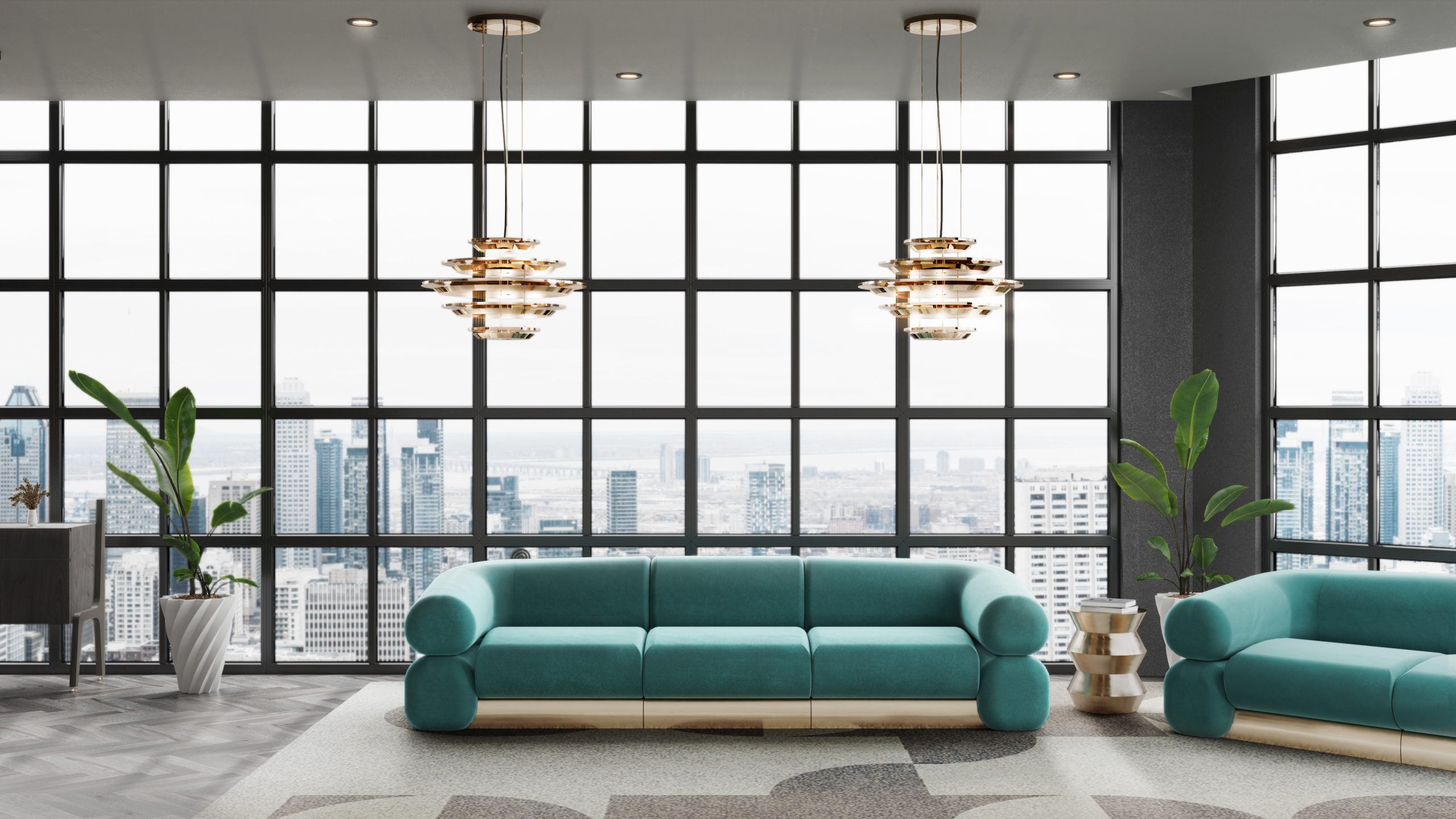 A MID-CENTURY MODERN LIVING ROOM WITH A CITY VIEW
